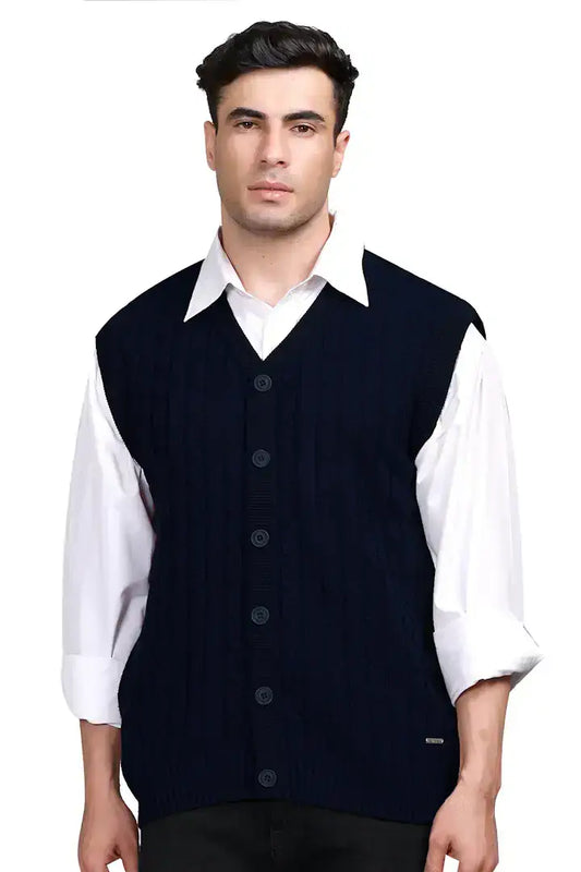 Navy Woolen V-Neck Half Mens Cardigan Sweater
