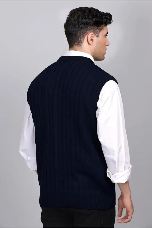 Navy Woolen V-Neck Half Mens Cardigan Sweater