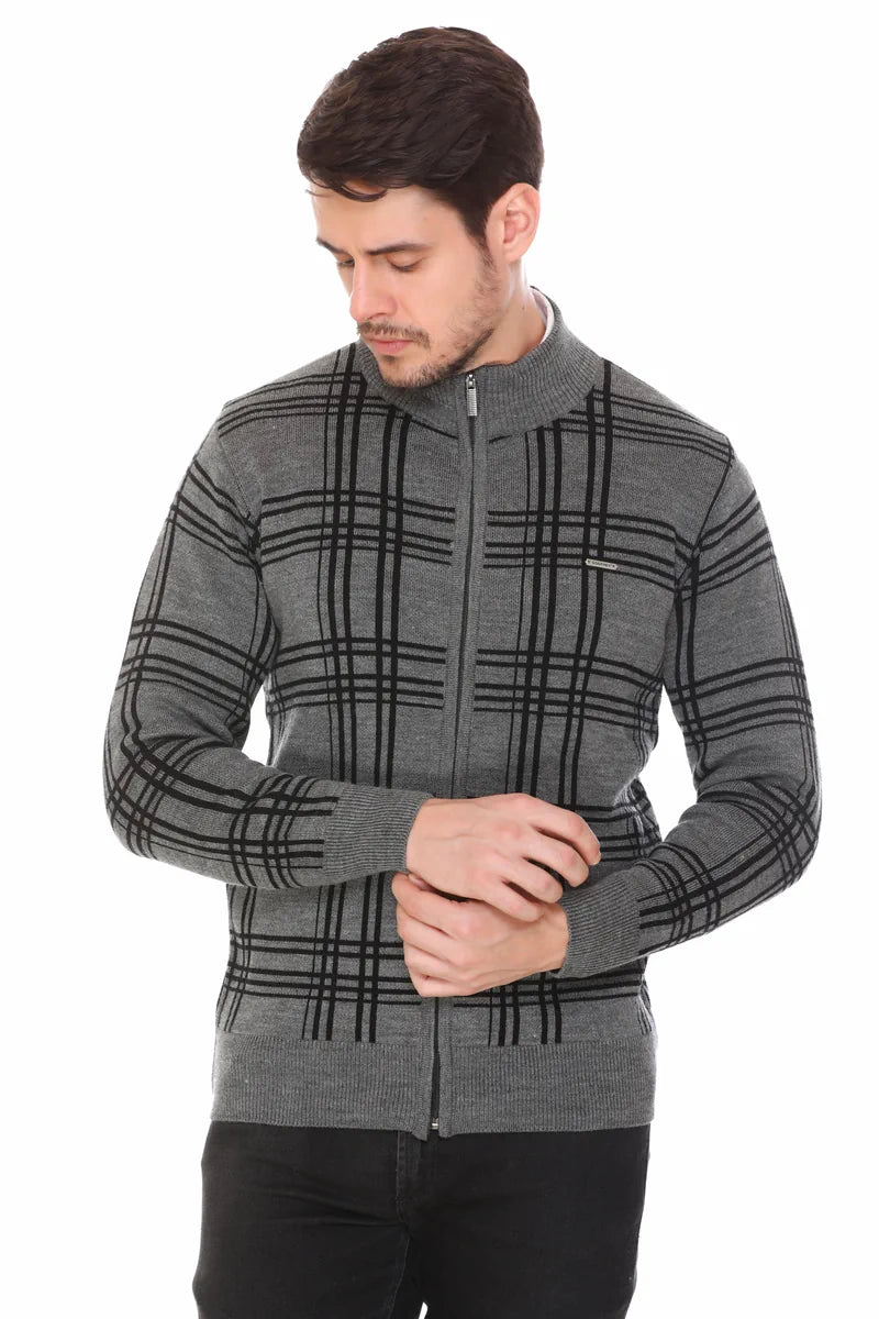 Medium Grey Black Woolen Mens Zip Sweater Full Sleeve