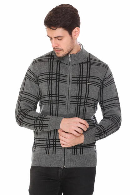 Medium Grey Black Woolen Mens Zip Sweater Full Sleeve