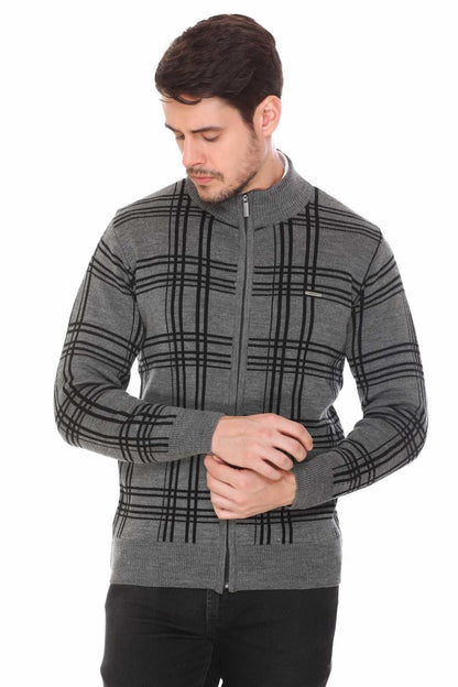 Medium Grey Black Woolen Mens Zip Sweater Full Sleeve