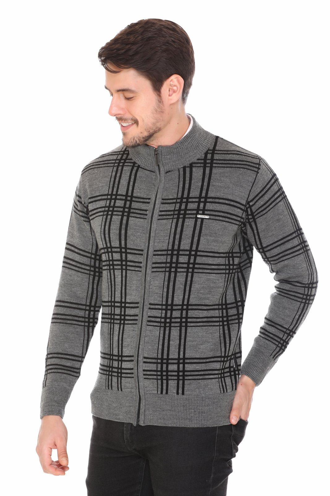 Medium Grey Black Woolen Mens Zip Sweater Full Sleeve