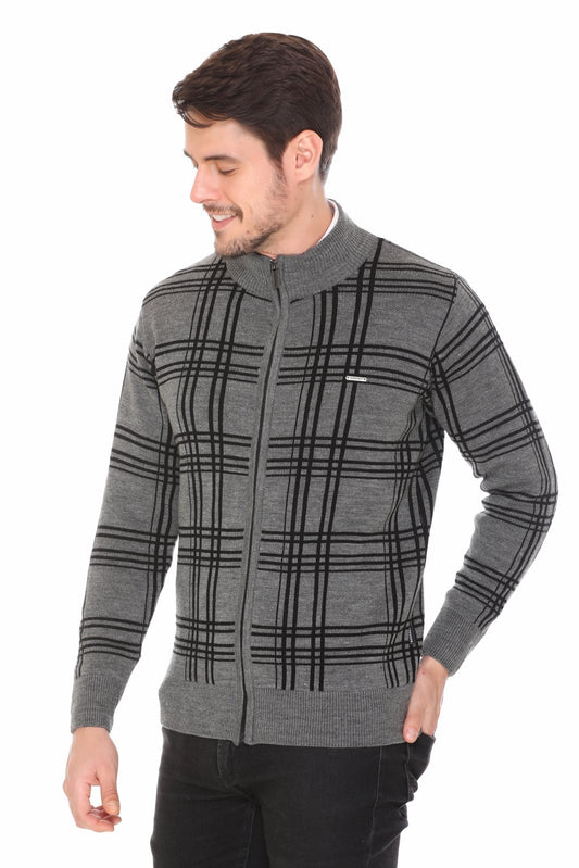 Medium Grey Black Woolen Mens Zip Sweater Full Sleeve