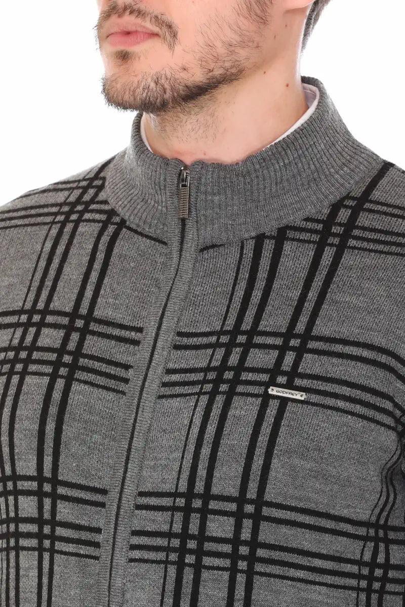 Medium Grey Black Woolen Mens Zip Sweater Full Sleeve