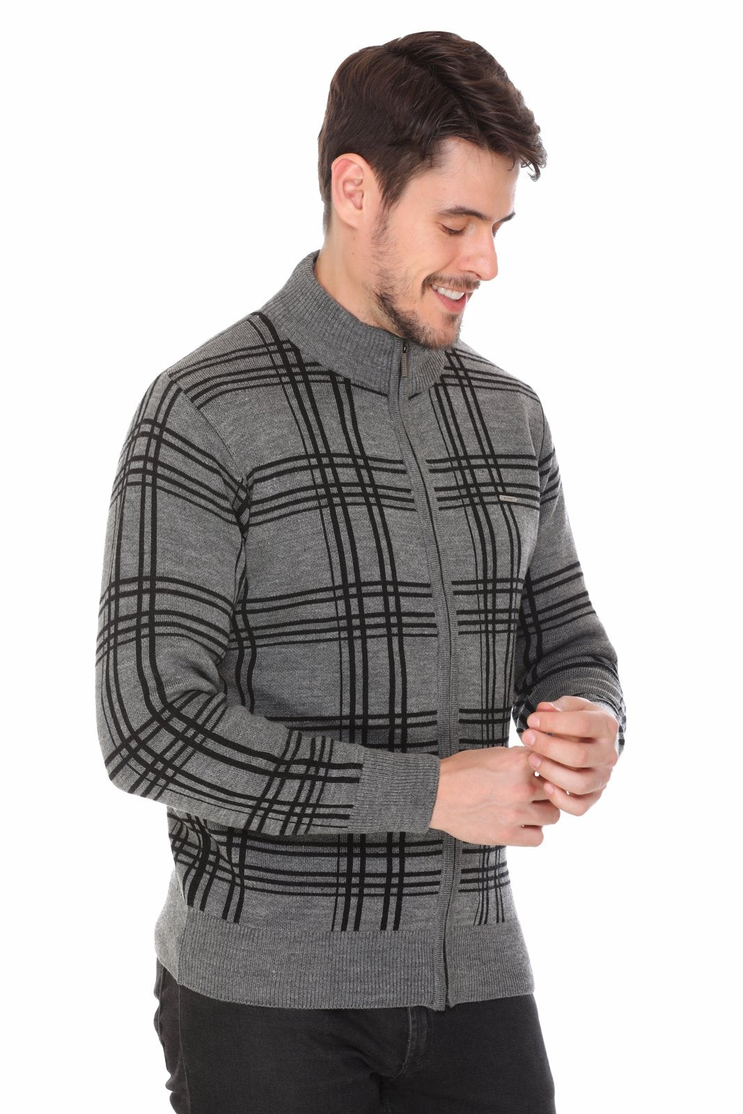 Medium Grey Black Woolen Mens Zip Sweater Full Sleeve