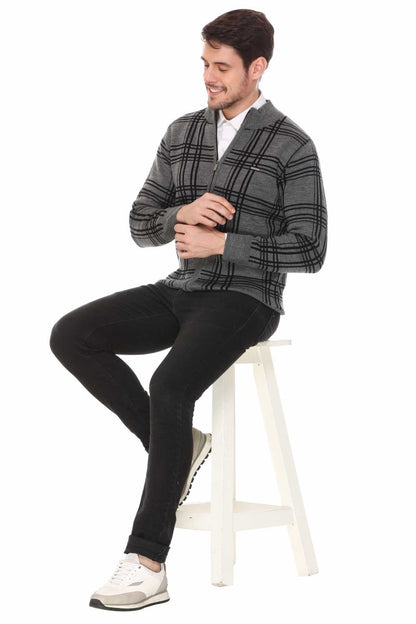 Medium Grey Black Woolen Mens Zip Sweater Full Sleeve
