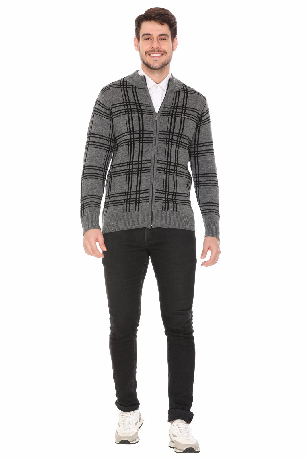 Medium Grey Black Woolen Mens Zip Sweater Full Sleeve