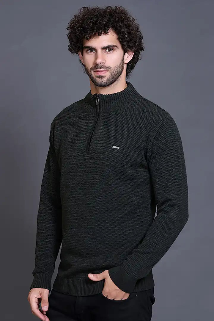 Olive Zipper Self Design Knitted Men Sweater
