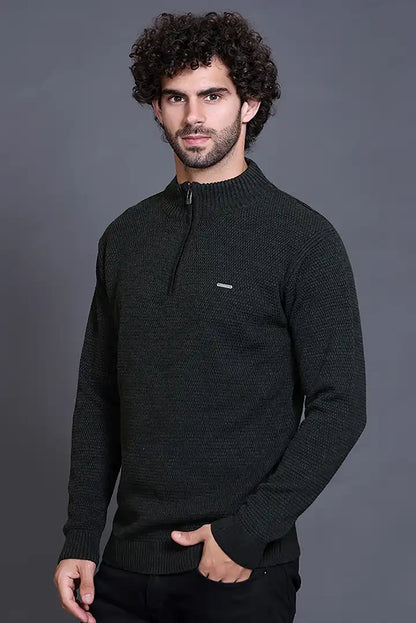 Olive Zipper Self Design Knitted Men Sweater