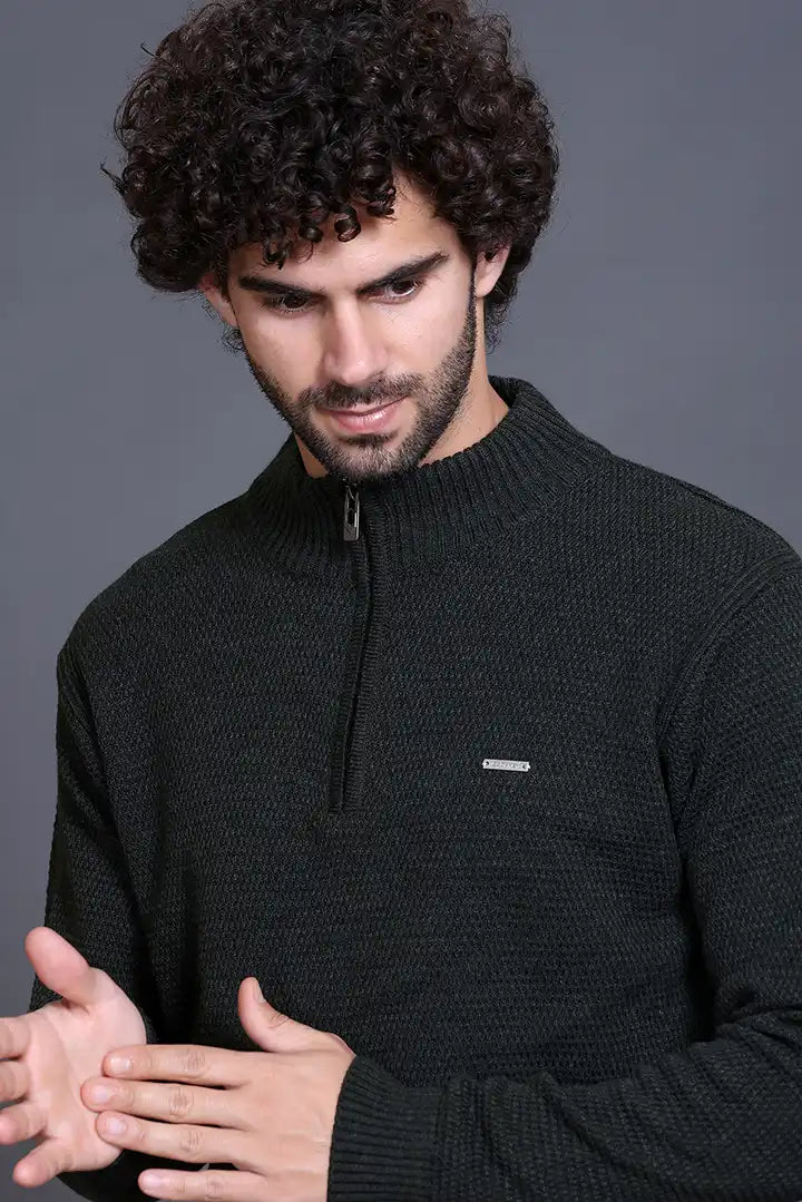 Olive Zipper Self Design Knitted Men Sweater