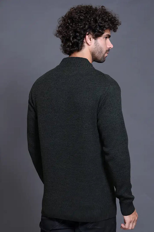 Olive Zipper Self Design Knitted Men Sweater
