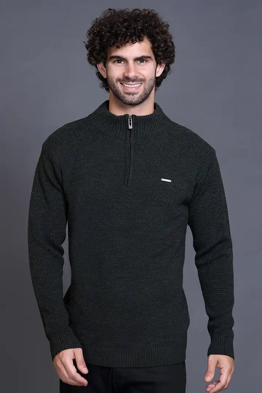 Olive Zipper Self Design Knitted Men Sweater