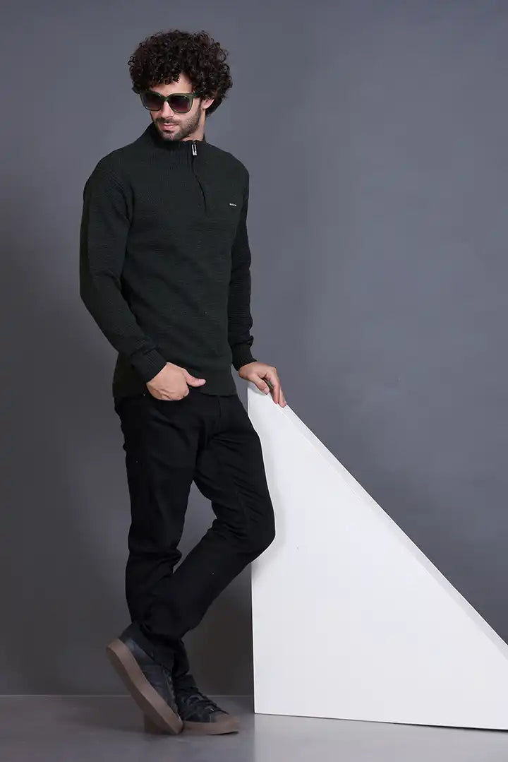 Olive Zipper Self Design Knitted Men Sweater