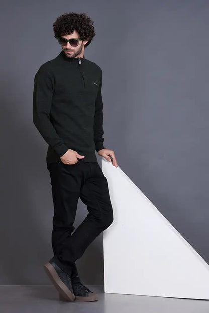 Olive Zipper Self Design Knitted Men Sweater