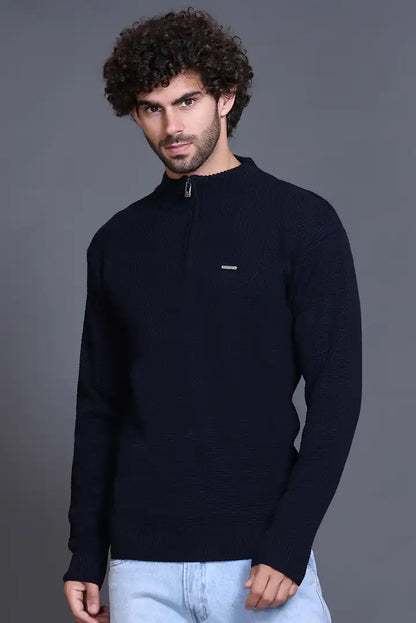 Navy Half Zipper Self Design Knitted Men Sweater