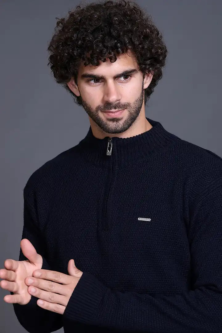 Navy Half Zipper Self Design Knitted Men Sweater