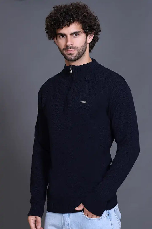 Navy Half Zipper Self Design Knitted Men Sweater