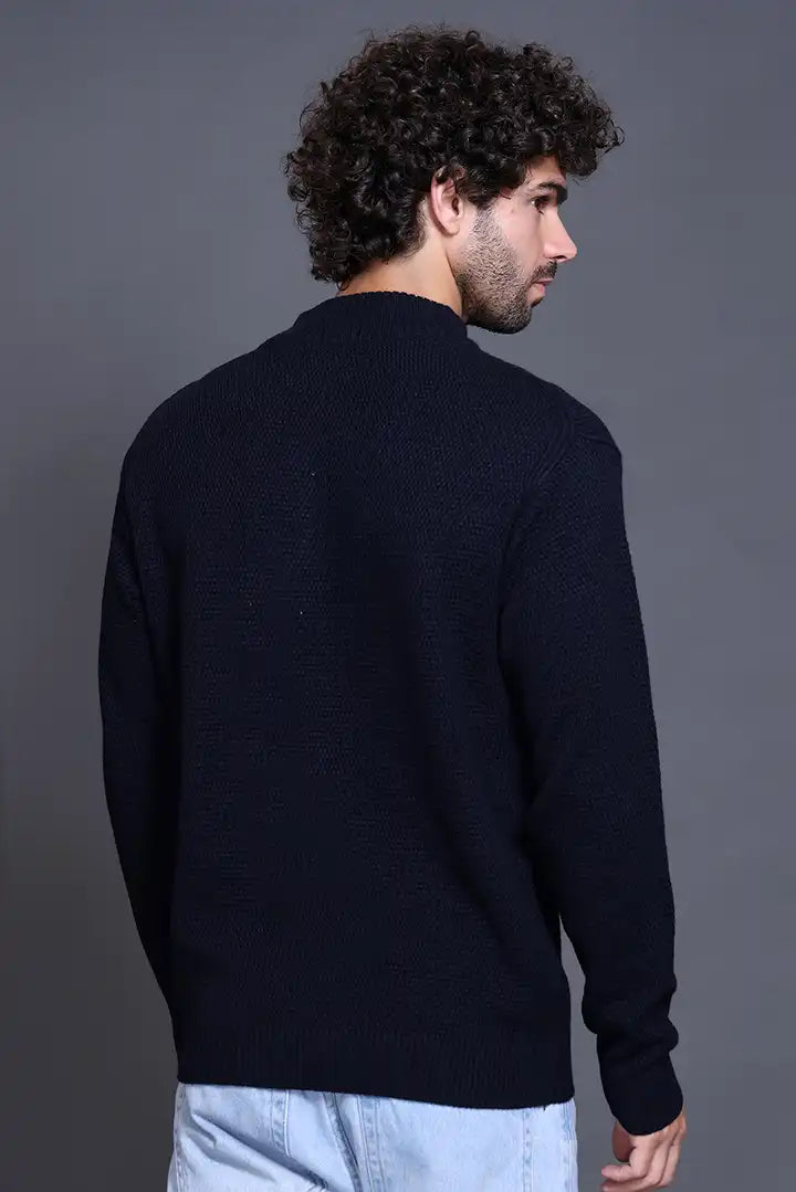 Navy Half Zipper Self Design Knitted Men Sweater