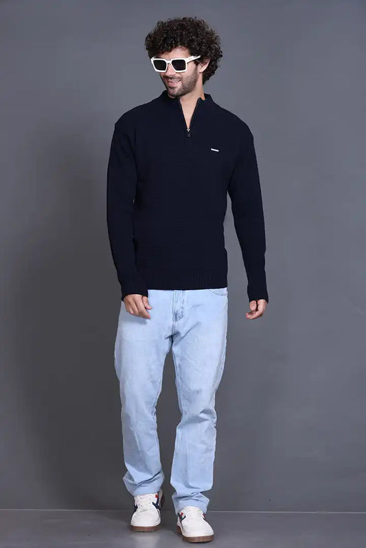 Navy Half Zipper Self Design Knitted Men Sweater