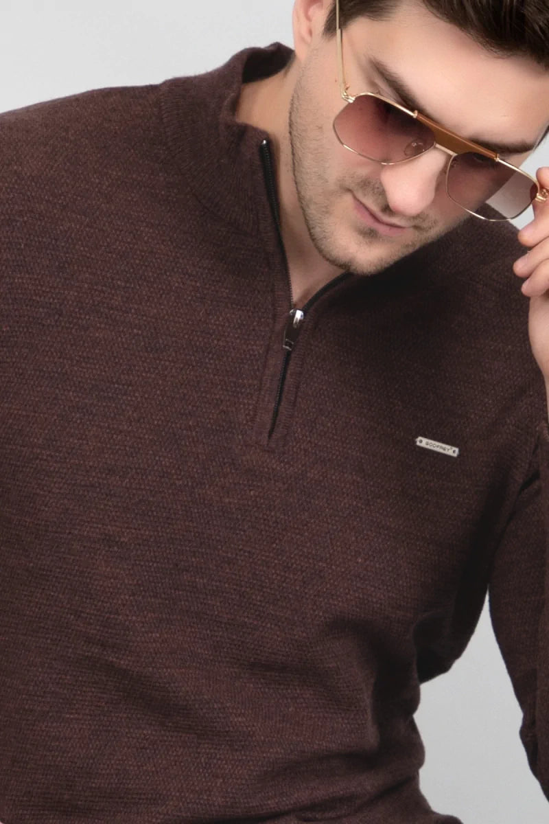 Coffee Half Zipper Self Design Knitted Men Sweater