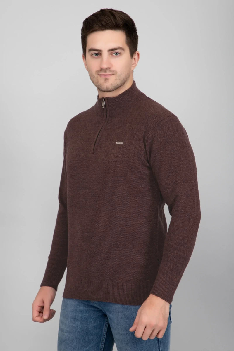 Coffee Half Zipper Self Design Knitted Men Sweater