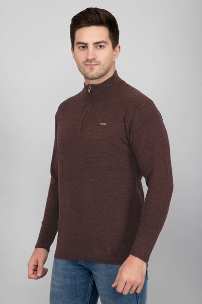Coffee Half Zipper Self Design Knitted Men Sweater