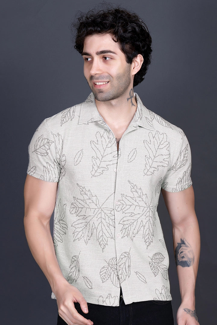 Off White Khadi Look Cuban Collar Shirt For Men
