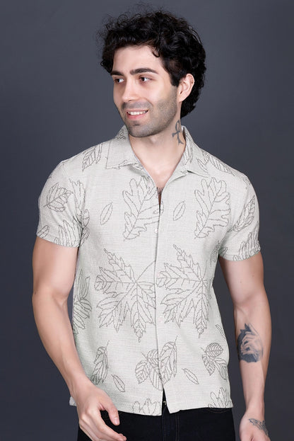 Off White Khadi Look Cuban Collar Shirt For Men
