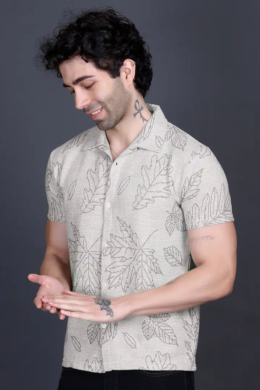 Off White Khadi Look Cuban Collar Shirt For Men