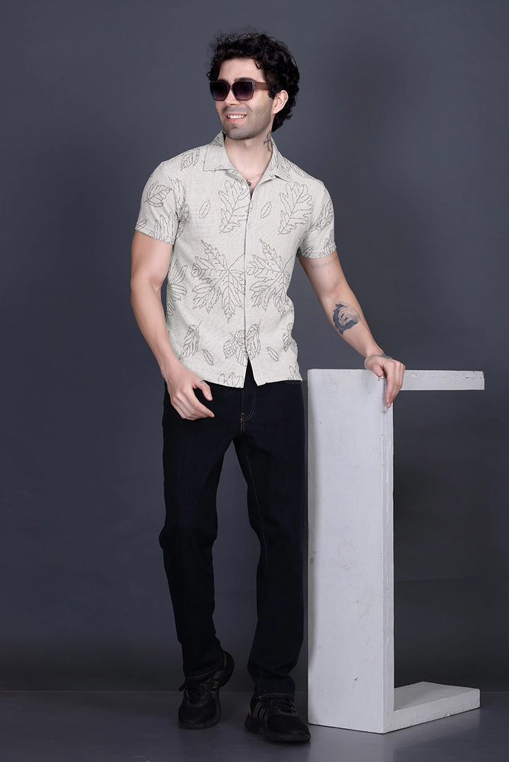 Off White Khadi Look Cuban Collar Shirt For Men