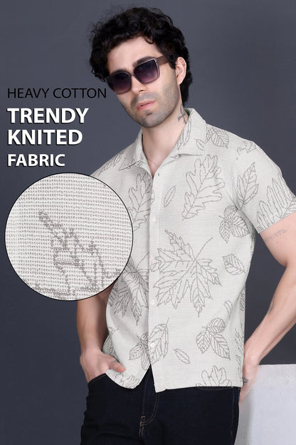 Off White Khadi Look Cuban Collar Shirt For Men