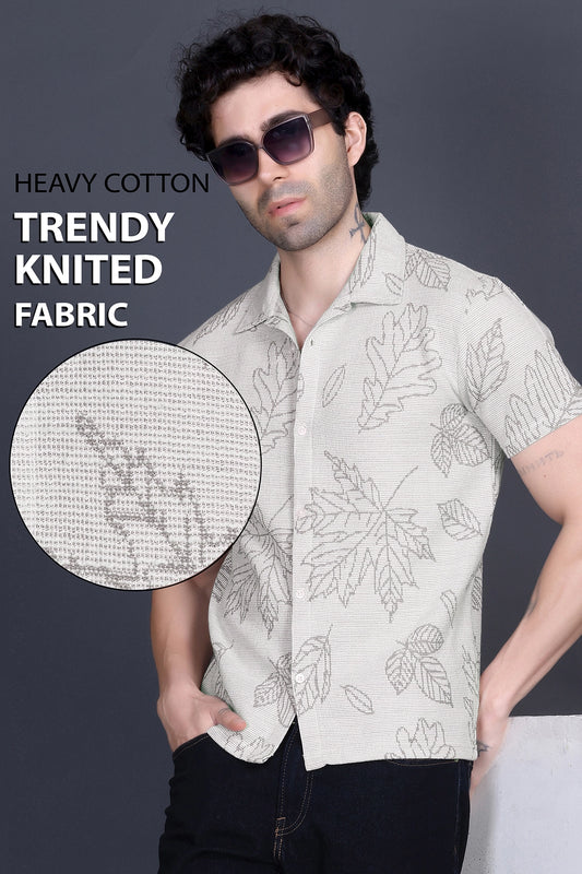 Off White Khadi Look Cuban Collar Shirt For Men