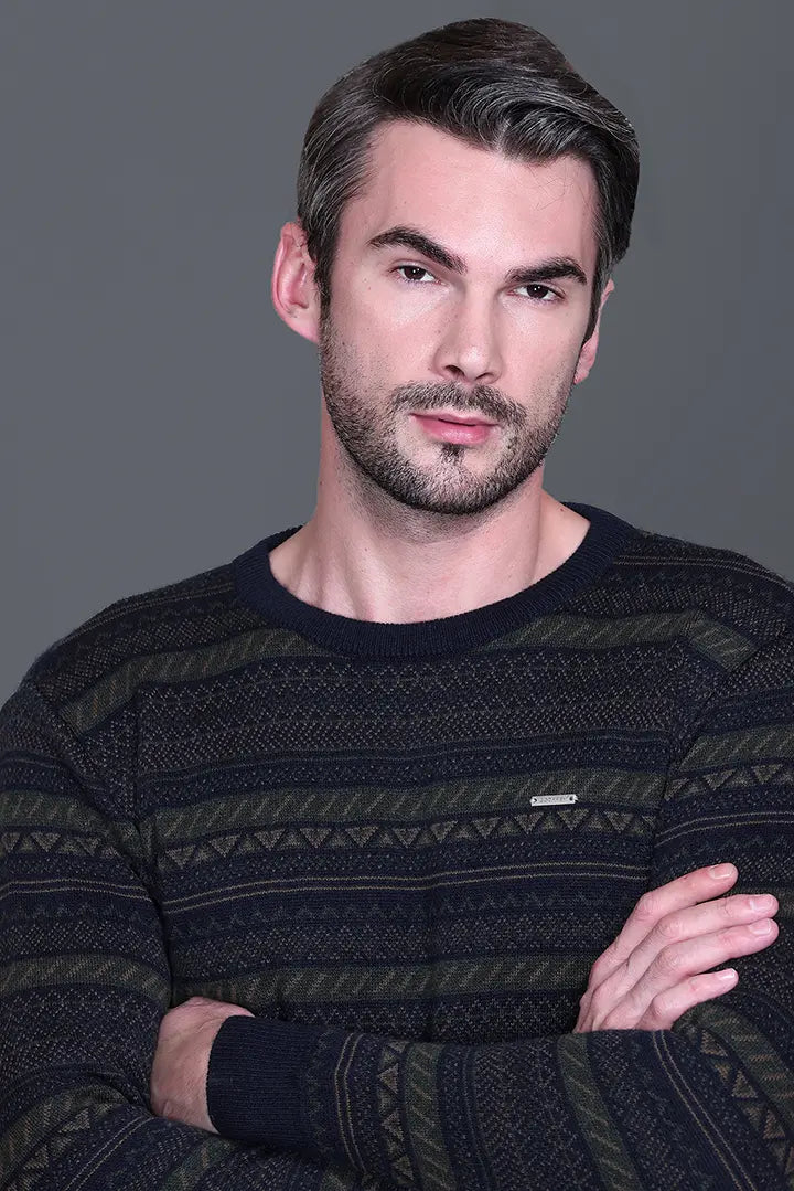 Navy Woolen Round Neck Designer Men Sweater