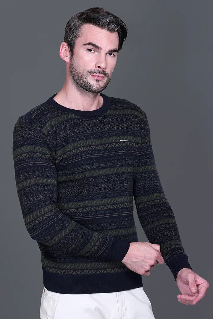 Navy Woolen Round Neck Designer Men Sweater