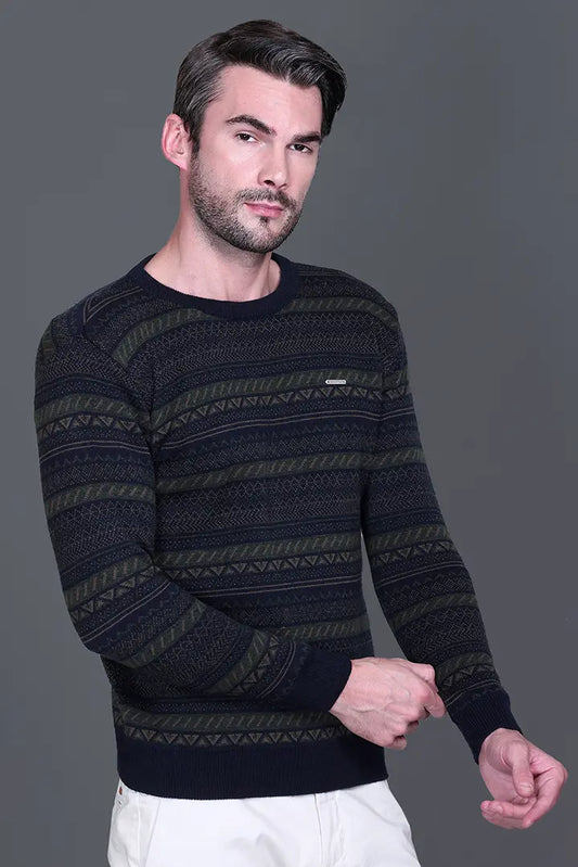 Navy Woolen Round Neck Designer Men Sweater