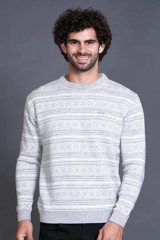 Light Grey Woolen Round Neck Designer Men Sweater