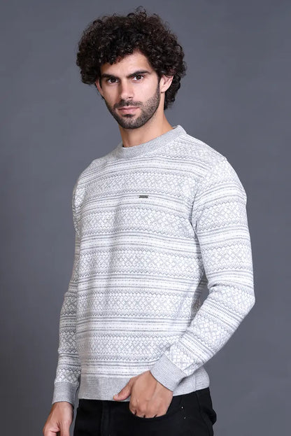 Light Grey Woolen Round Neck Designer Men Sweater