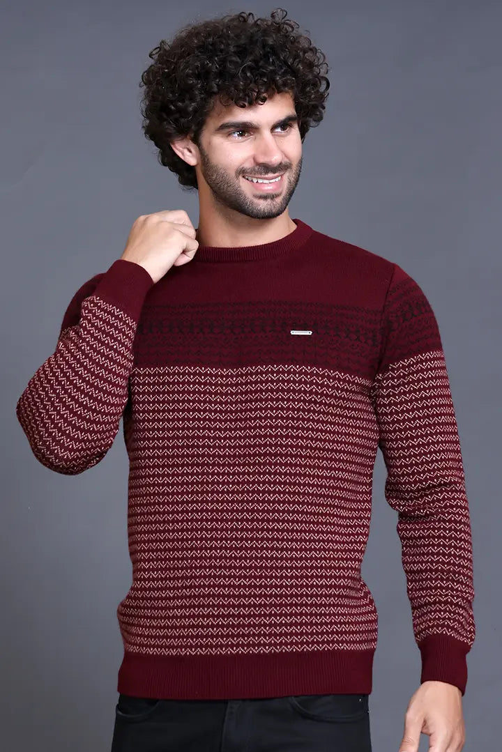 Wine Woolen Round Neck Designer Men Sweater