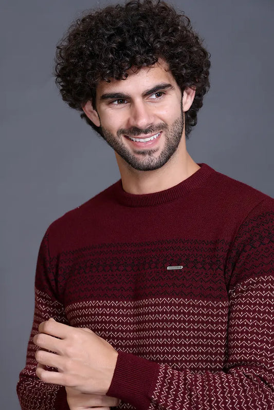 Wine Woolen Round Neck Designer Men Sweater