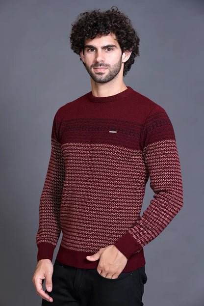 Wine Woolen Round Neck Designer Men Sweater