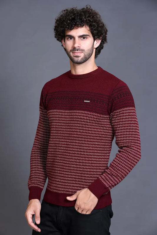 Wine Woolen Round Neck Designer Men Sweater