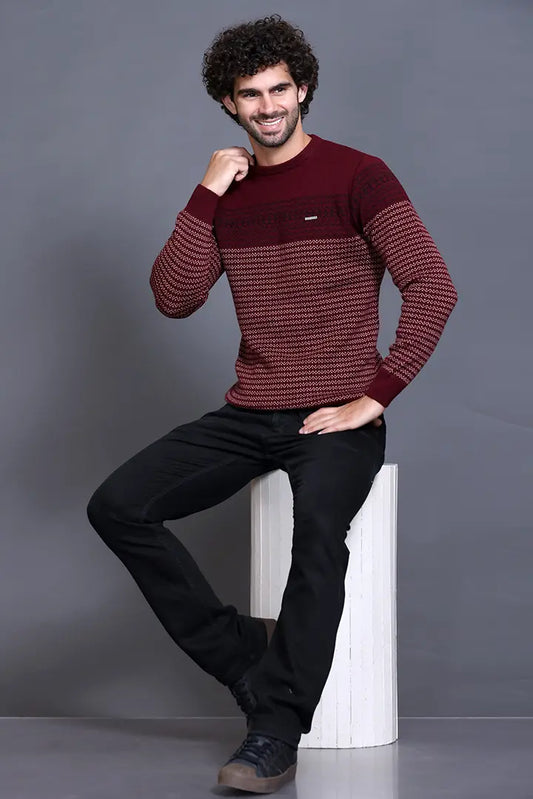 Wine Woolen Round Neck Designer Men Sweater
