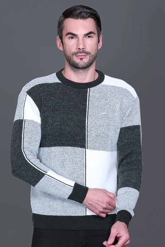 Olive Woolen Round Neck Designer Men Sweater