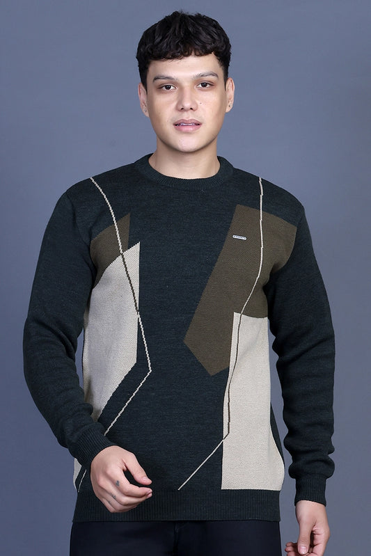 Olive Woolen Round Neck Designer Men Sweater