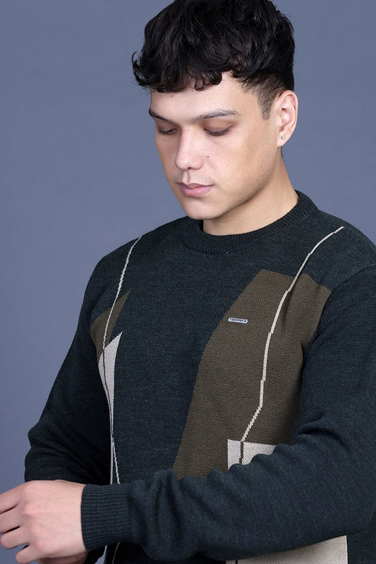 Olive Woolen Round Neck Designer Men Sweater