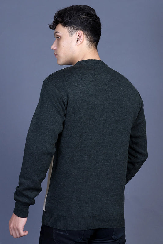 Olive Woolen Round Neck Designer Men Sweater