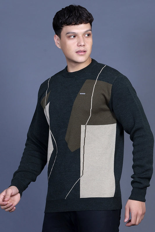 Olive Woolen Round Neck Designer Men Sweater
