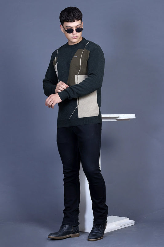 Olive Woolen Round Neck Designer Men Sweater