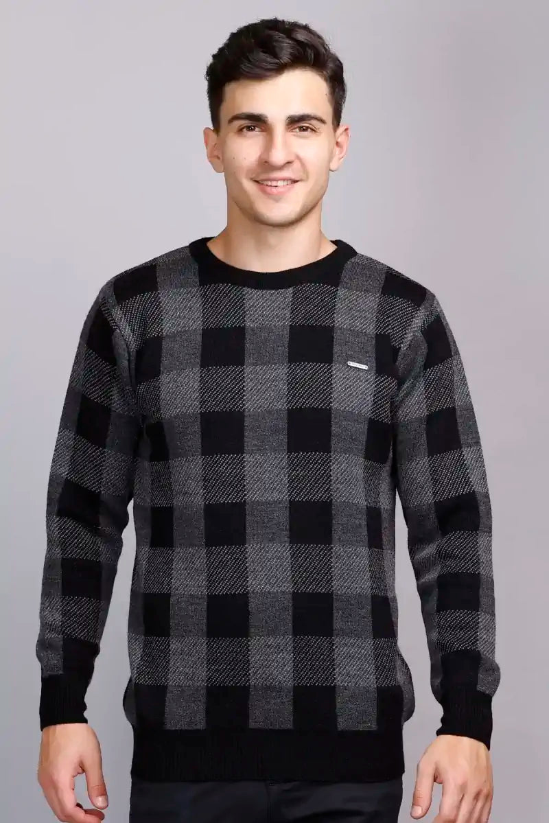 Charcoal Black Woolen Round Neck Men Sweater