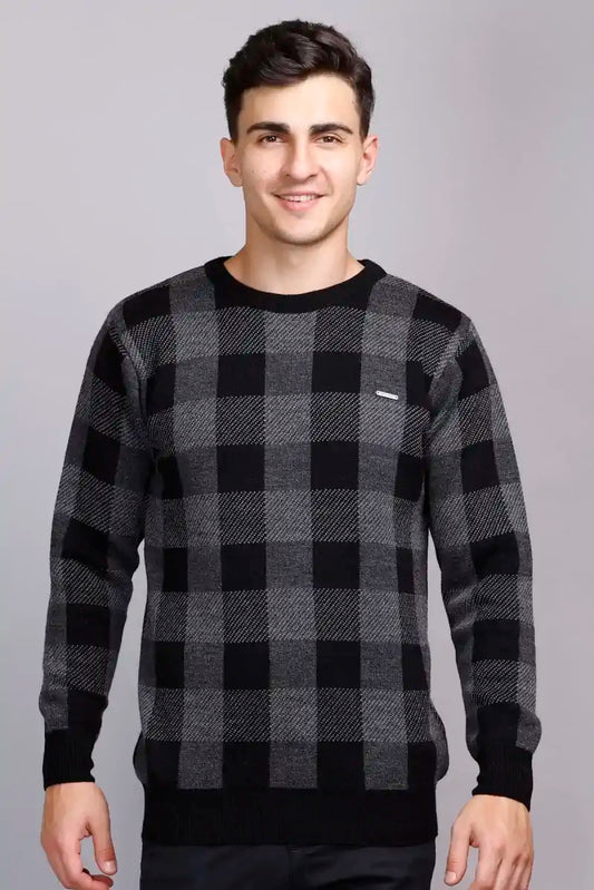 Charcoal Black Woolen Round Neck Men Sweater